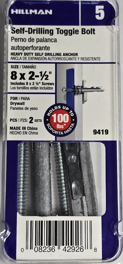 Self Drilling Toggle Bolt 8 x 2-1/2" Hillman
