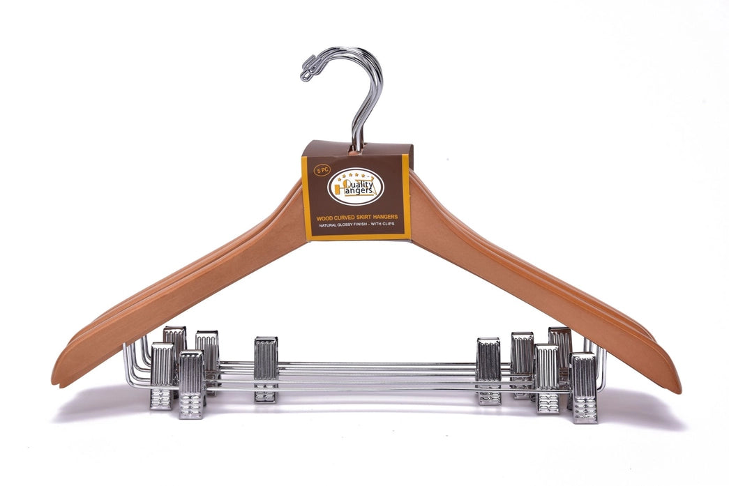 Wood Curved Skirt Hangers Natural w/Clips 5PK Quality Hangers