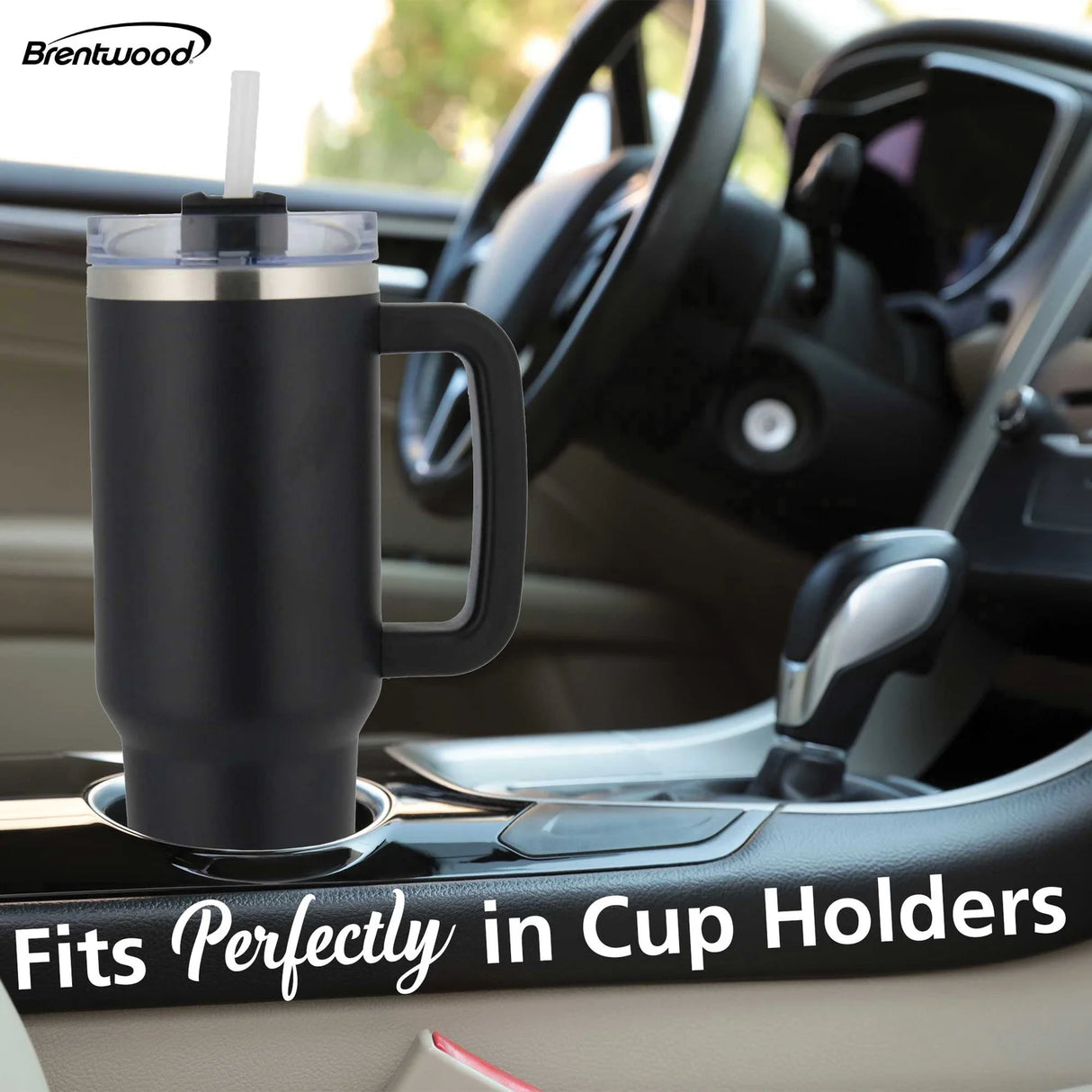 Insulated Tumbler Cup with Handle, Lid & Straw | 40 oz | Stainless Steel | Brentwood