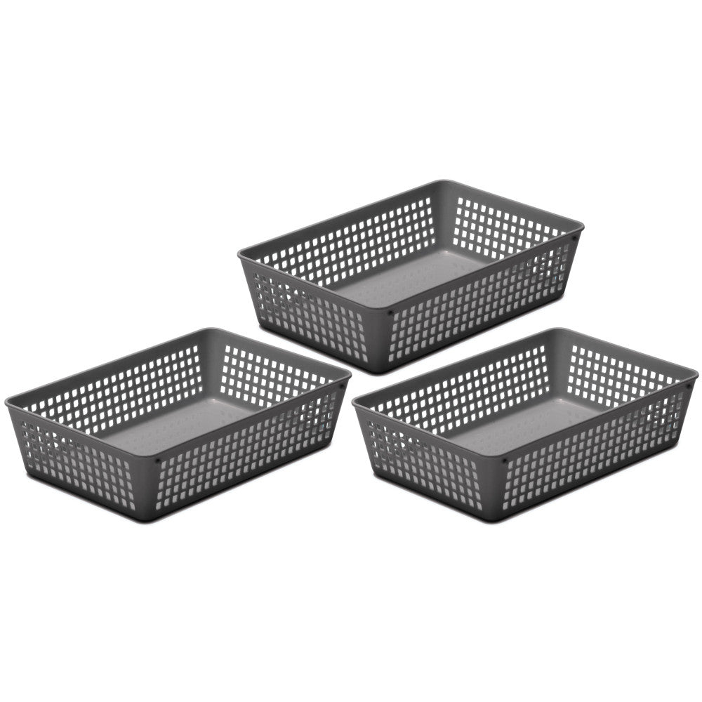 Plastic Rectangular Basket Small Grey 3pk YBM