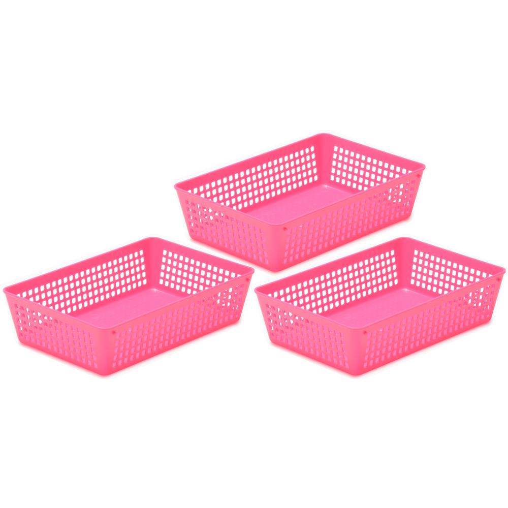 Plastic Rectangular Basket Small Pink 3pk YBM