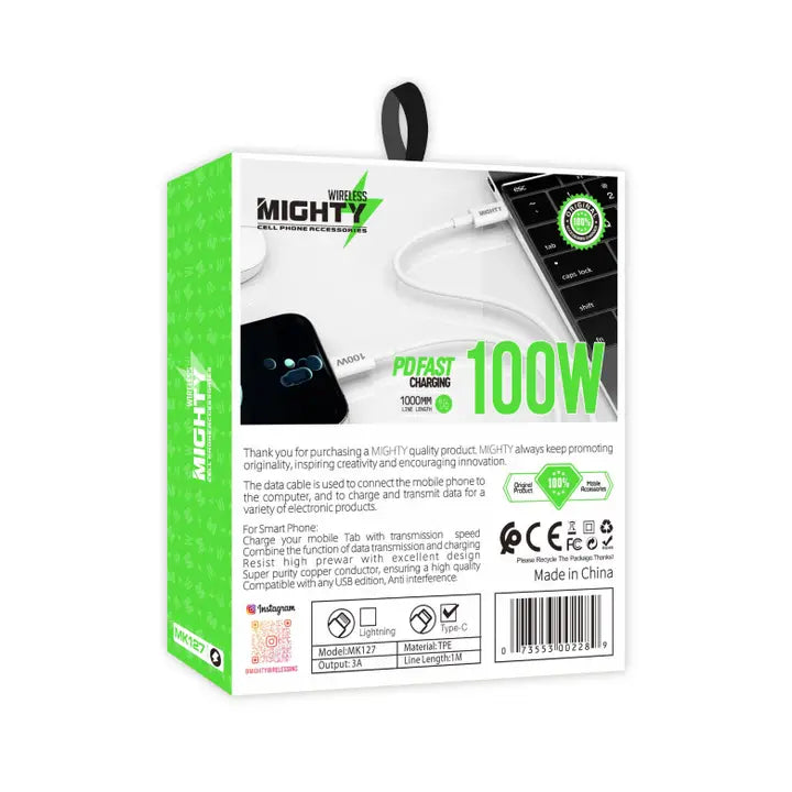 USB C to USB C cable 100W | PD Fast Charging | 1m Length | Mighty Wireless