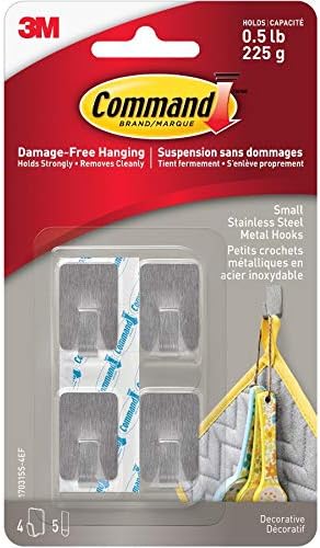 Command Metal Hooks Stainless Steel | Small | 4 Hooks | 5 Adhesive Strips | Wall Mount