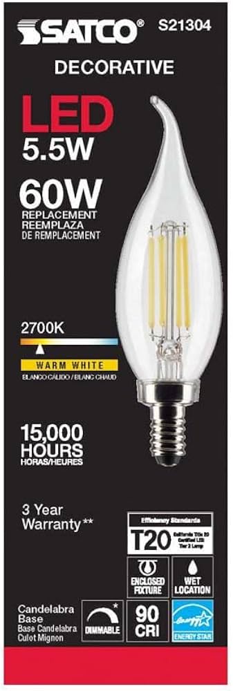 Candelabra Base Flame Tip Bulb 5.5W 2700K