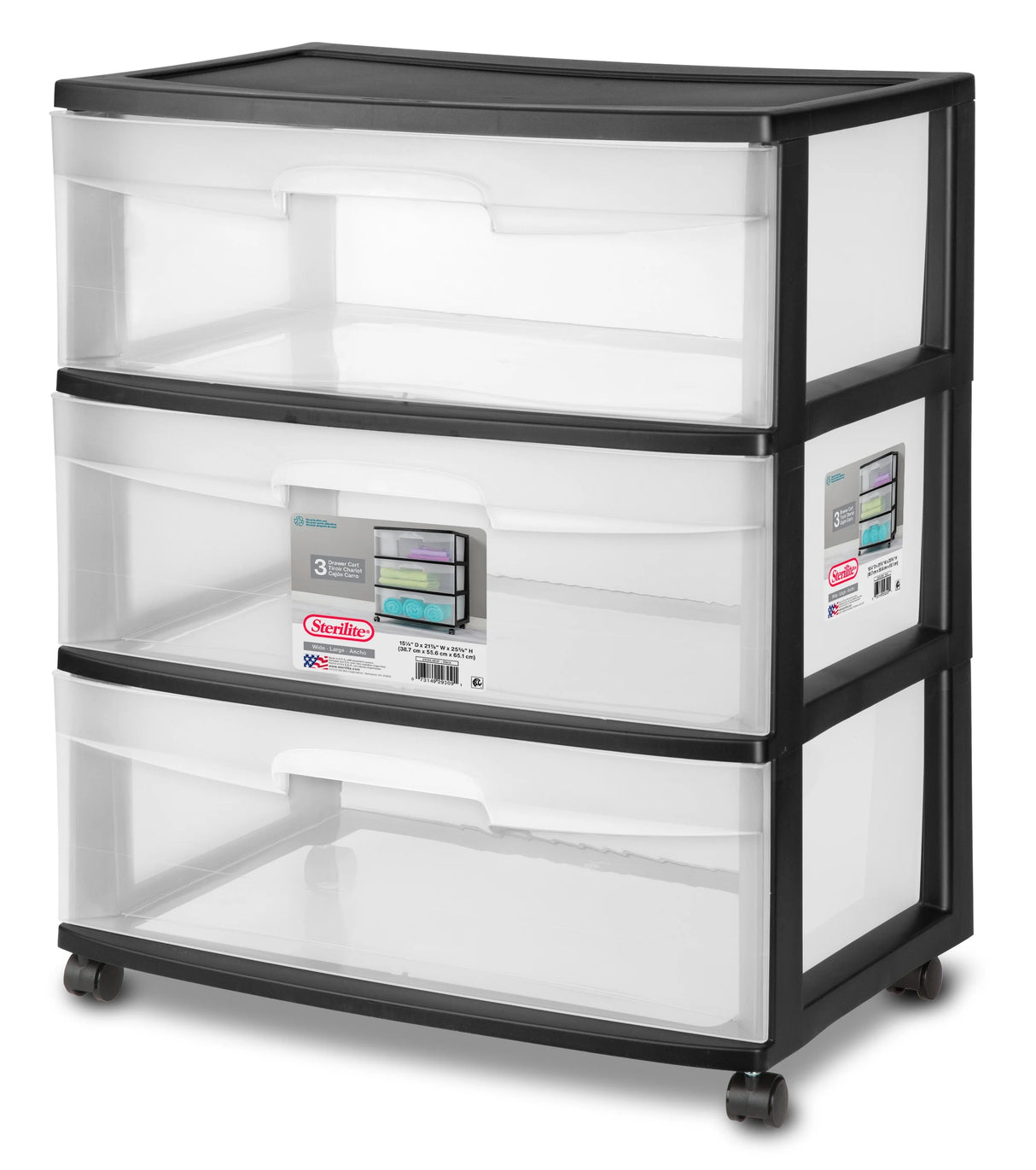 Sterilite 3 Drawer Wide Storage Cart | Black | Model 2930