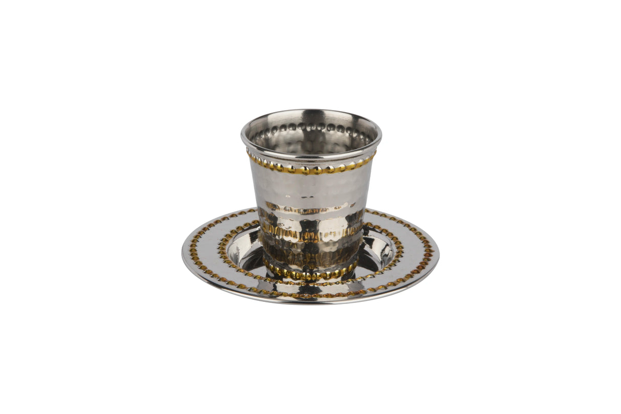 Kiddush Cup Set | Hammered Gold Beaded | 3 Inch