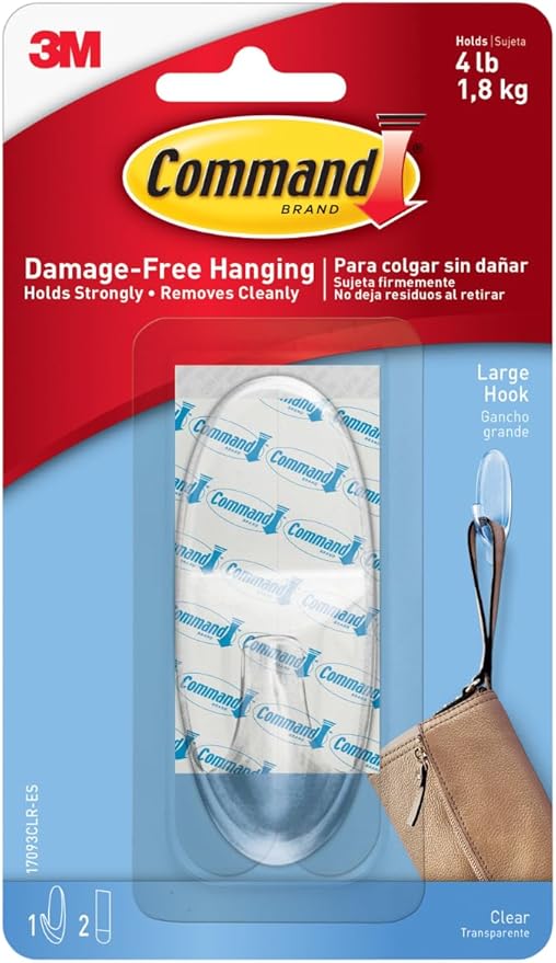 Command Large Hook w/ 2 Adhesive Strips | Clear | 4 LB | 3M