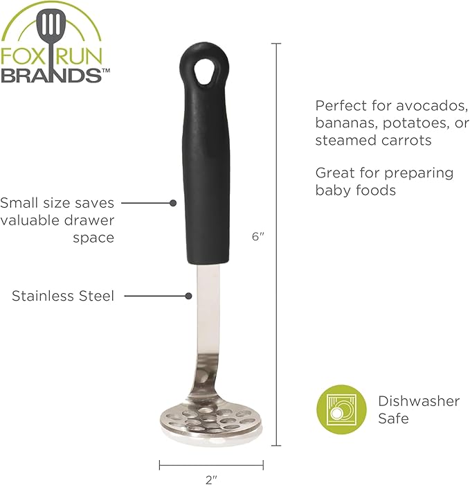 Mini Masher With Black Handle | 6 Inch | Stainless Steel | Fox Run