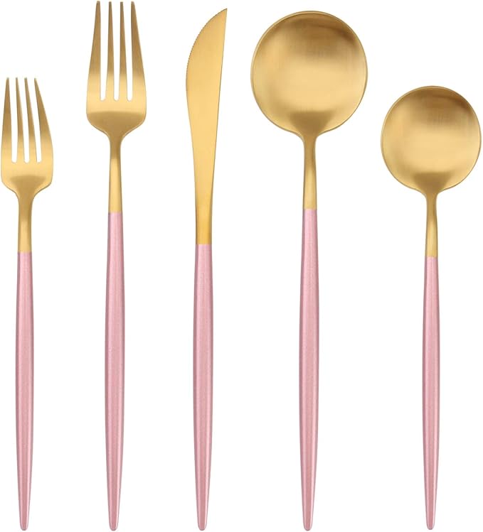 Flatware Set Pink/Gold | Designer Tableware | 20 pc | Vikko