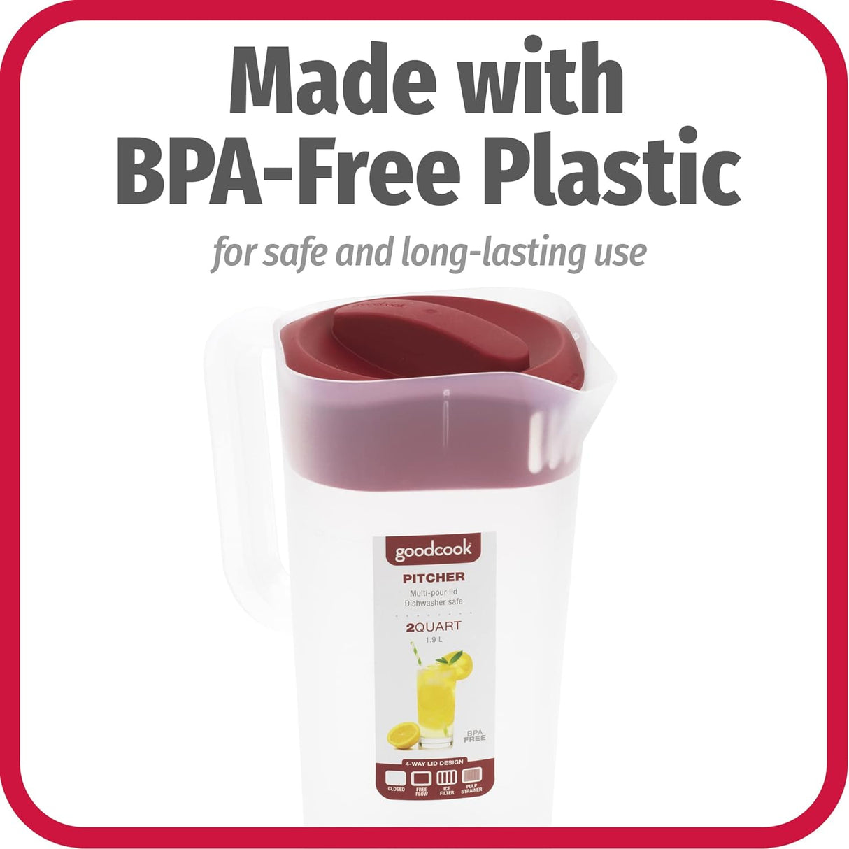 Plastic Pitcher with 4 Way Lid | 1 Gallon | Red | GoodCook
