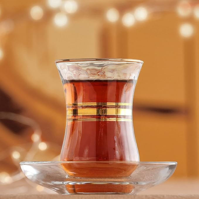 LAV Glass Turkish Tea Cup and Saucer W/ Gold Rim | 4oz | Vikko
