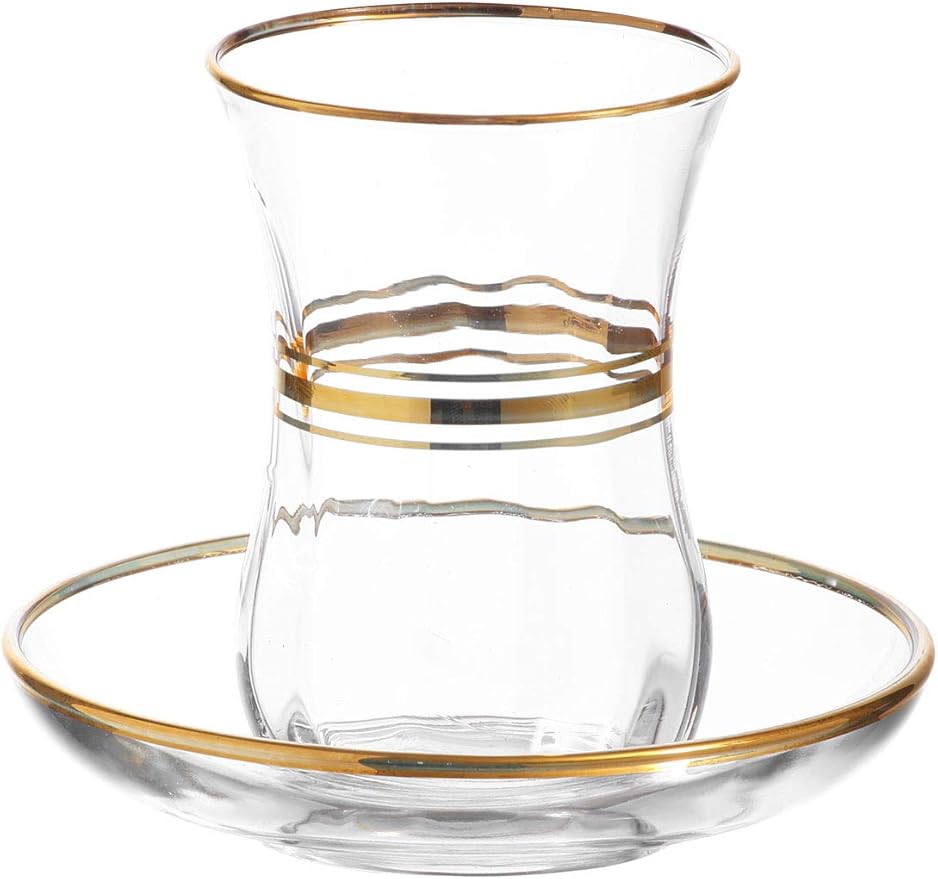 LAV Glass Turkish Tea Cup and Saucer W/ Gold Rim | 4oz | Vikko