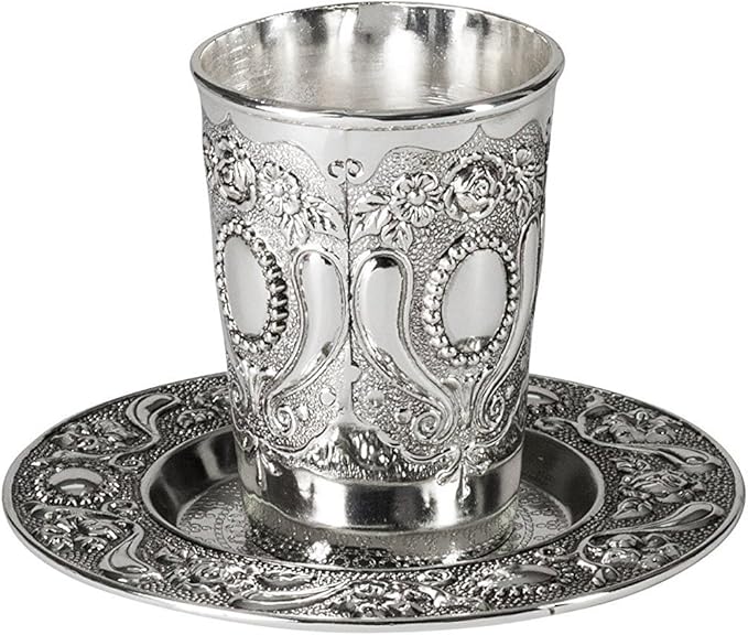 Kiddush Cup and Tray | Nickel Plated | Ner Mitzvah