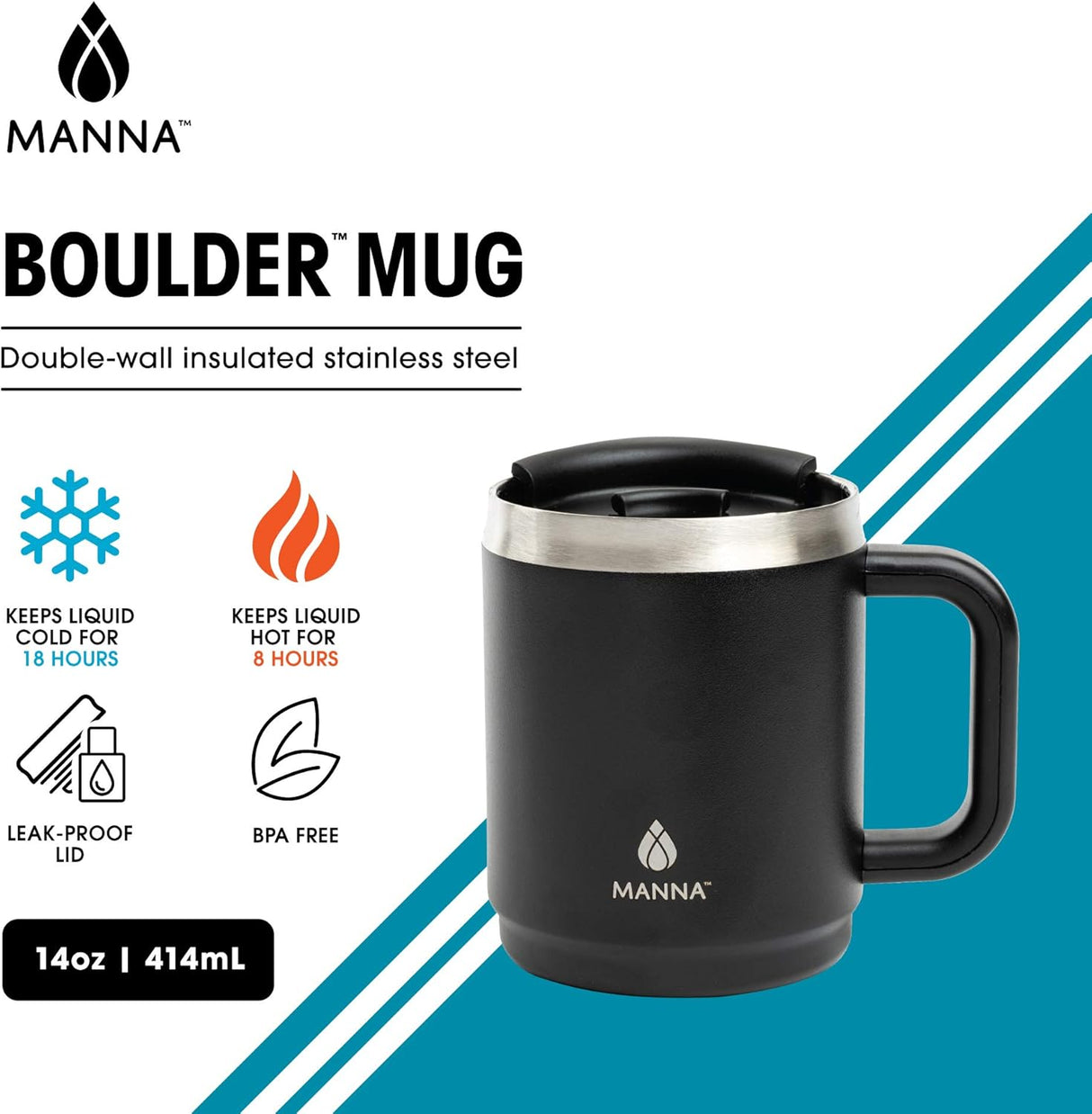Travel Coffee Mug With Lid and Handle 14oz | Black | Double Wall Vacuum Insulated | Manna