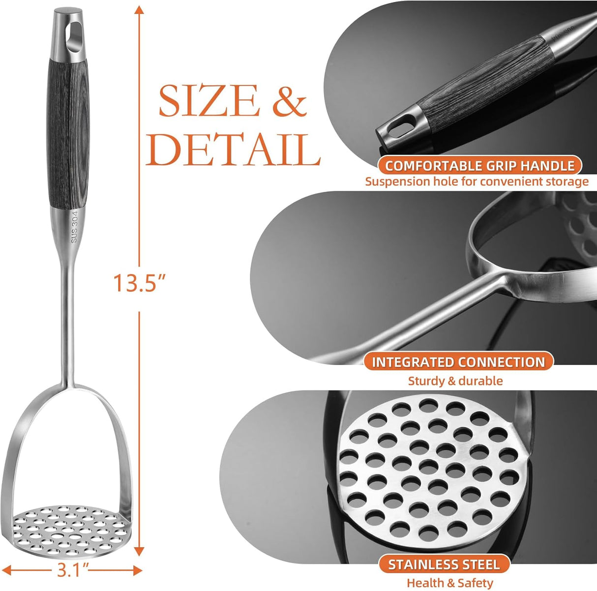 Stainless Steel Potato Masher | 12.5 Inch | Silver | Millvado