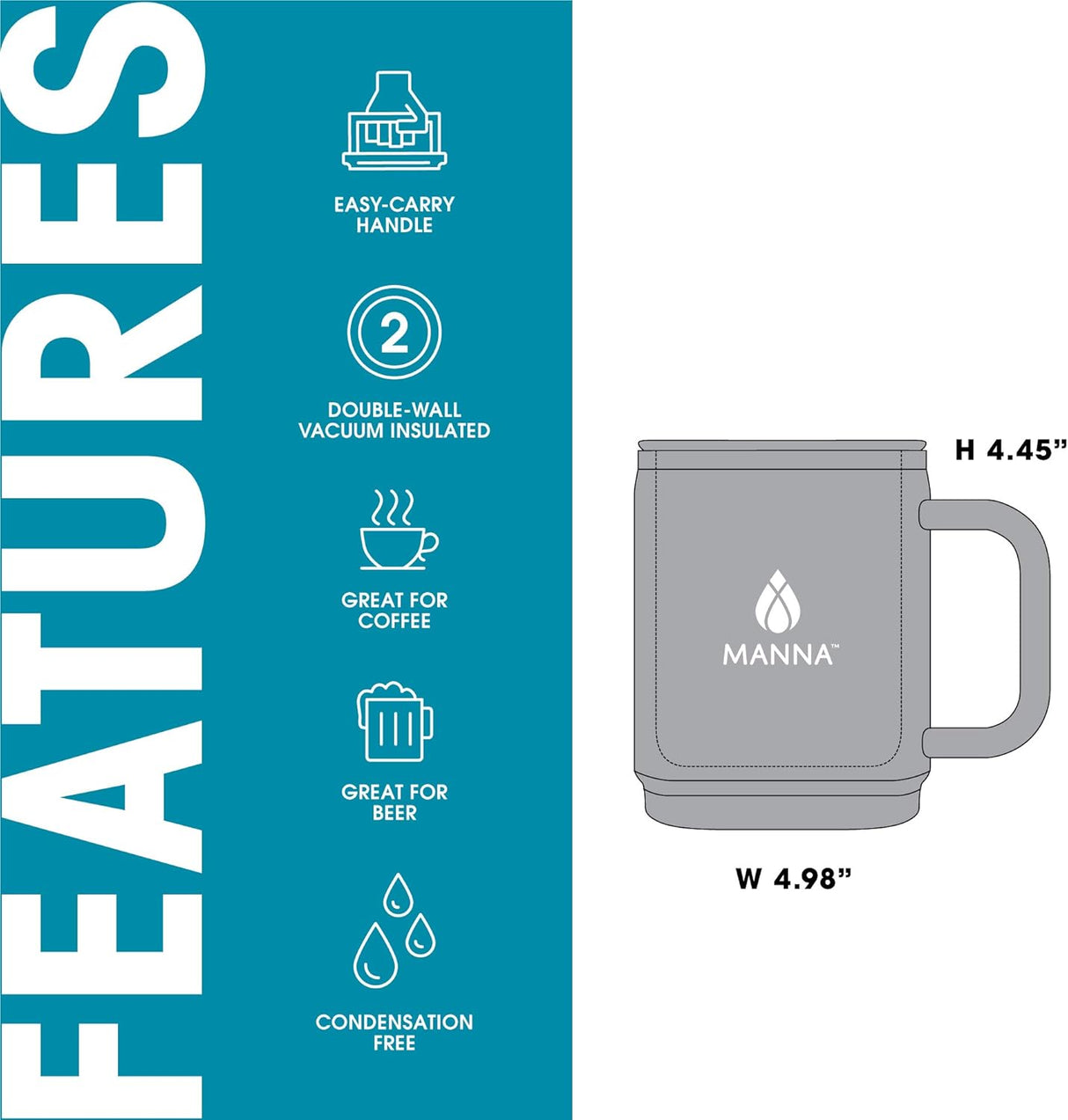 Travel Coffee Mug With Lid and Handle 14oz | Stainless Steel | Double Wall Vacuum Insulated | Manna