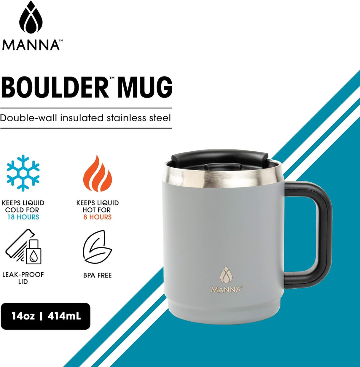 Travel Coffee Mug With Lid and Handle 14oz | Stainless Steel | Double Wall Vacuum Insulated | Manna