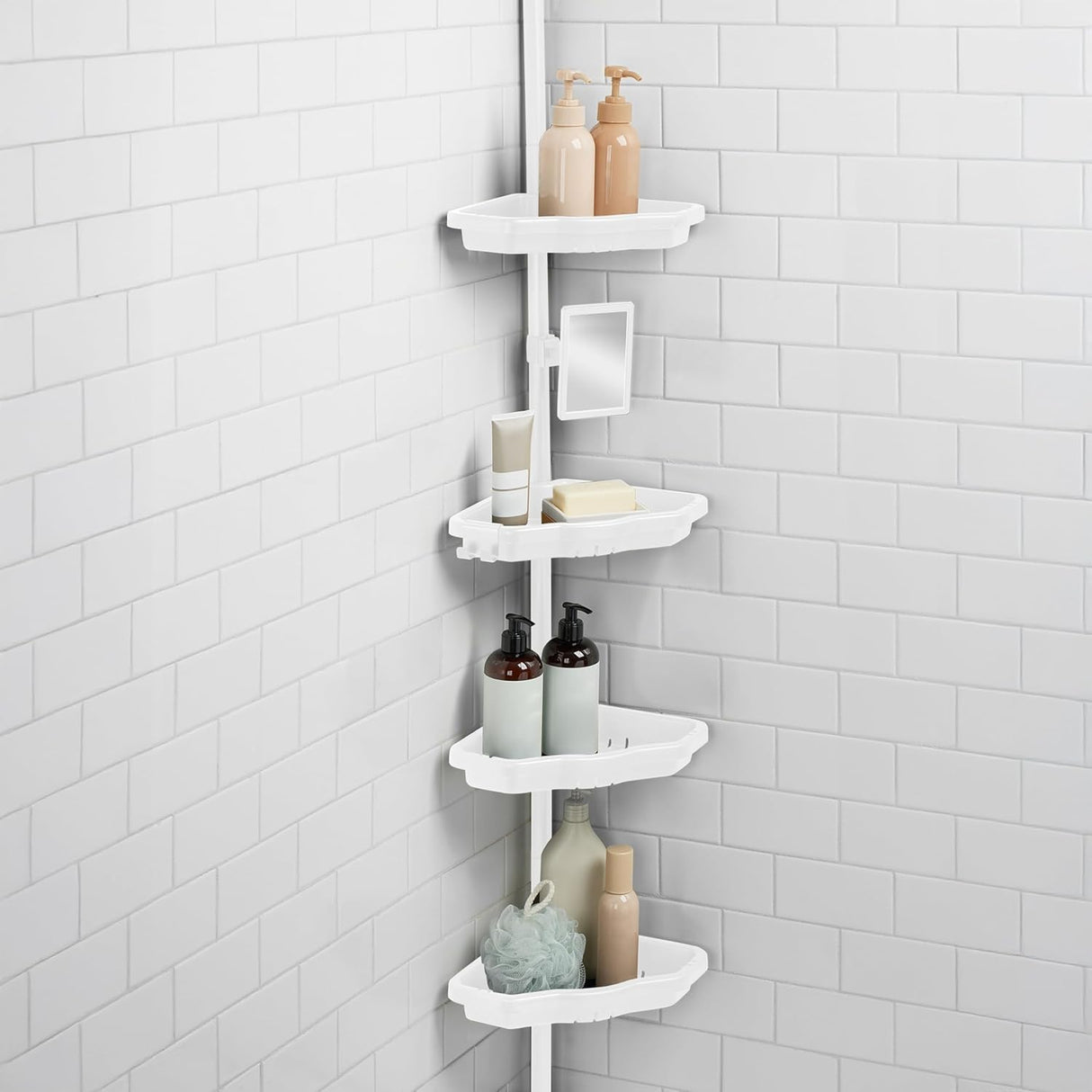 4 Tier White Corner Shower Organizer With hook and Mirror