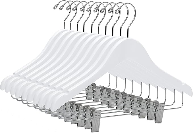 Wood Kids Size Hangers White w/Clips 5PK Quality Hangers