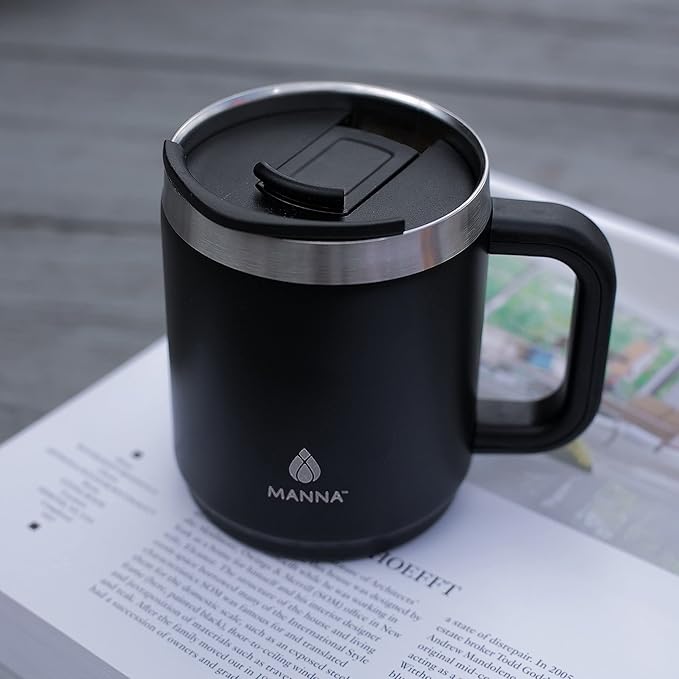 Travel Coffee Mug With Lid and Handle 14oz | Black | Double Wall Vacuum Insulated | Manna