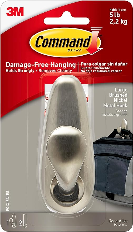 Command Metal Hook Large | Brushed Nickel | 2 Adhesive Strips | 5 lb
