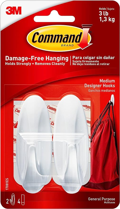 Command Designer Hook Medium | White | 4 Strips | 3 lb | Pack of 2