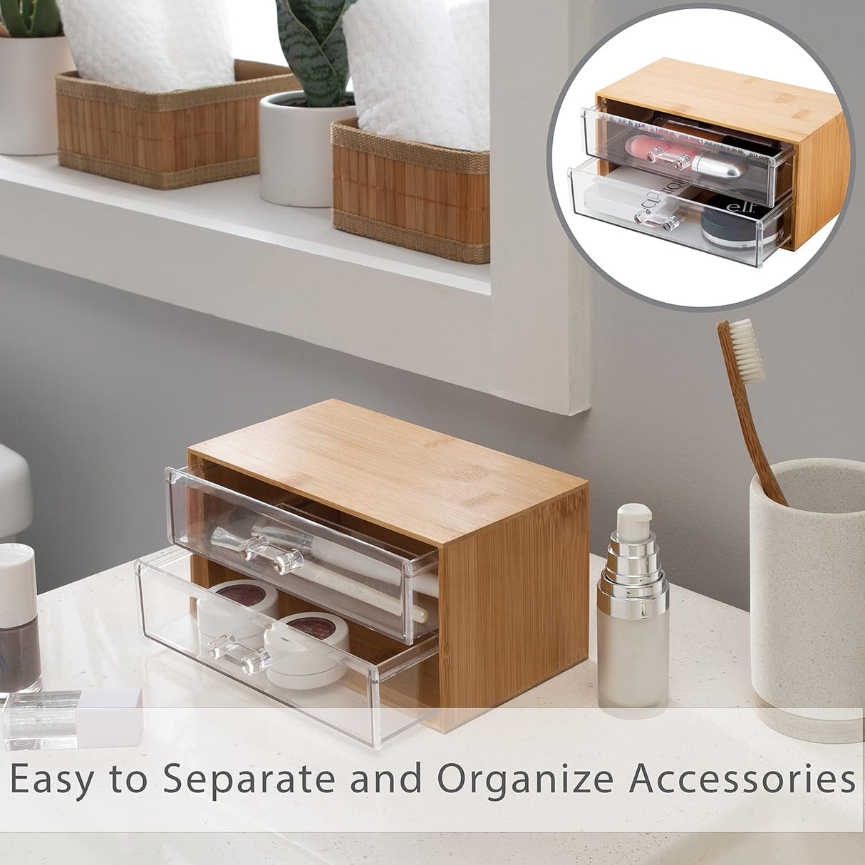 Bamboo Cosmetic Organizer | 2 Drawer | Bamboo Wood | Simplify