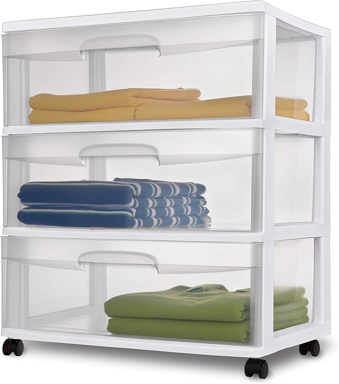 Sterilite 3 Drawer Cart | White | Clear Wide Storage Drawers