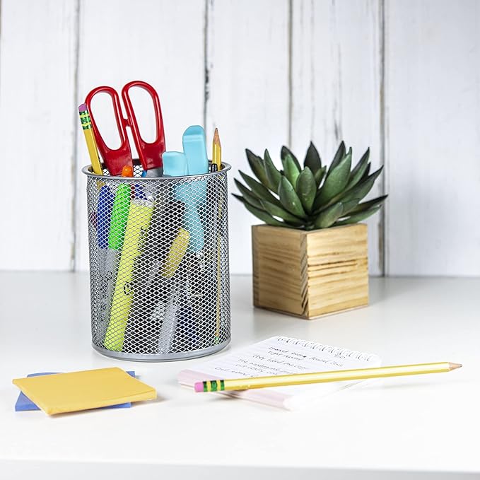 Round Steel Mesh Pencil Cup Holder Silver