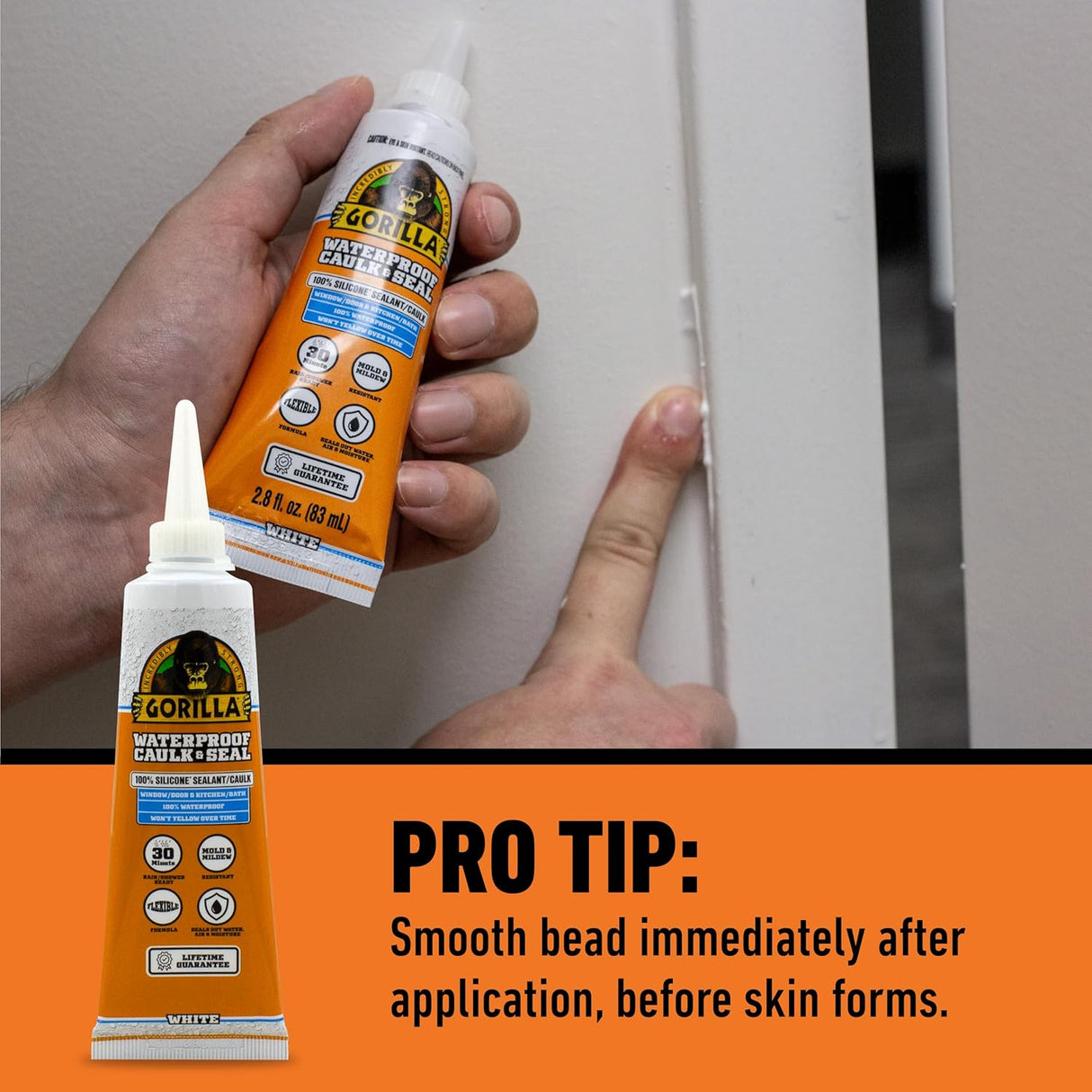 Gorilla Silicone Sealant | Waterproof White Caulk | 2.8 oz Tube