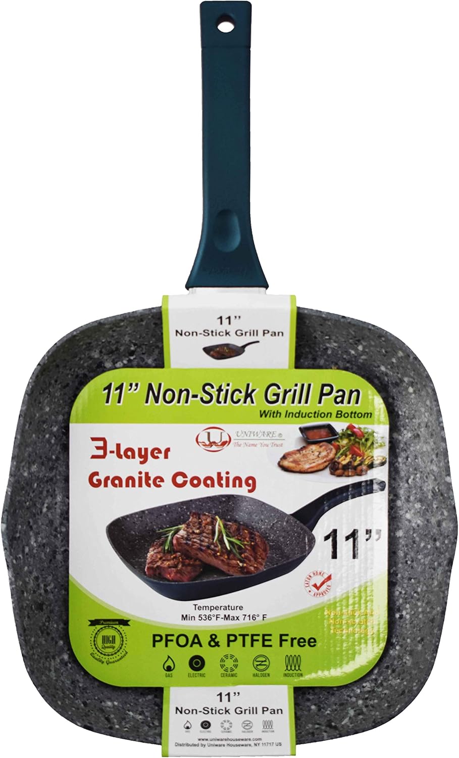 11" Non-Stick Granite Coated Grill Pan, Induction Compatible Bottom