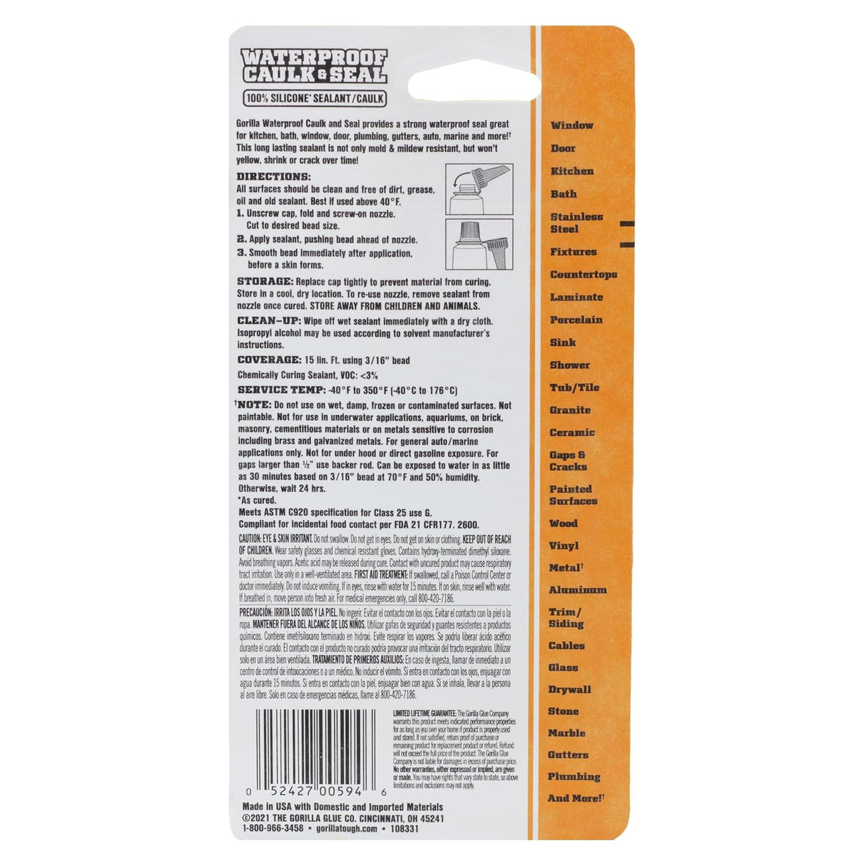 Gorilla Silicone Sealant | Waterproof White Caulk | 2.8 oz Tube