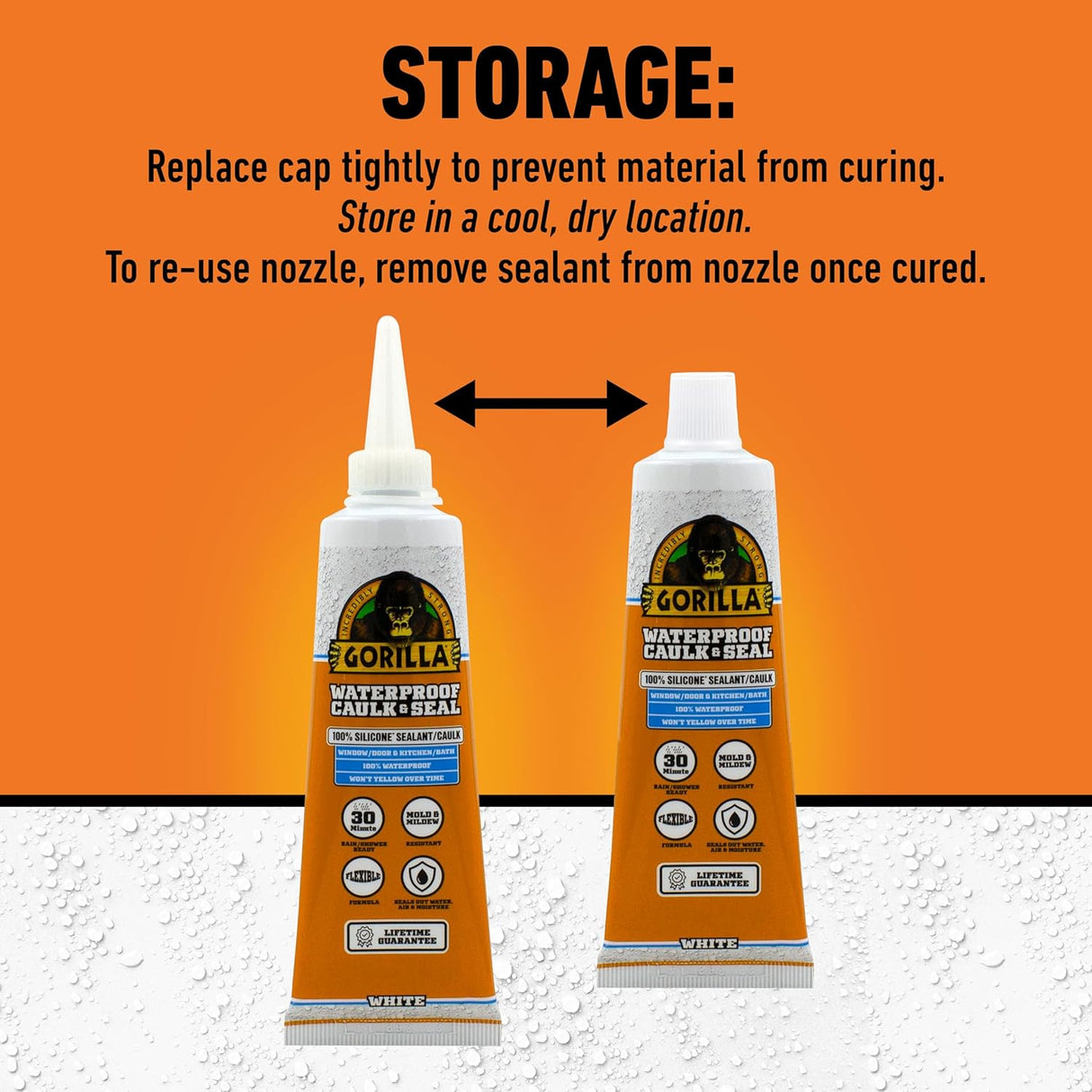 Gorilla Silicone Sealant | Waterproof White Caulk | 2.8 oz Tube