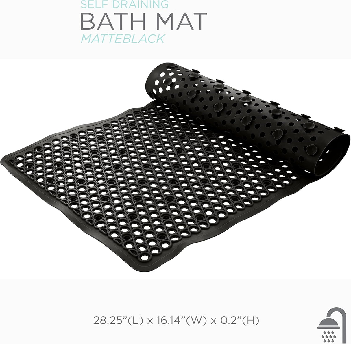 Bath Mat Self‑Draining | 28″×16″ | Matte Black | Bath Bliss