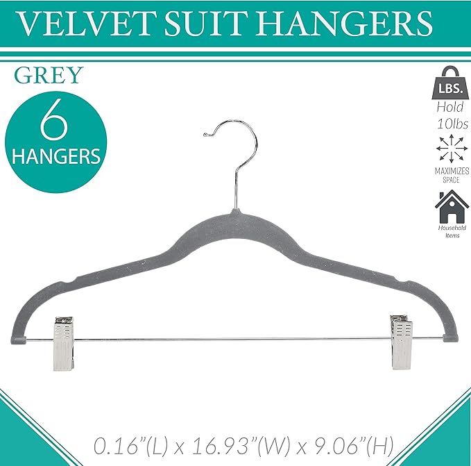Velvet Hangers Clips 6pk Grey Simplify