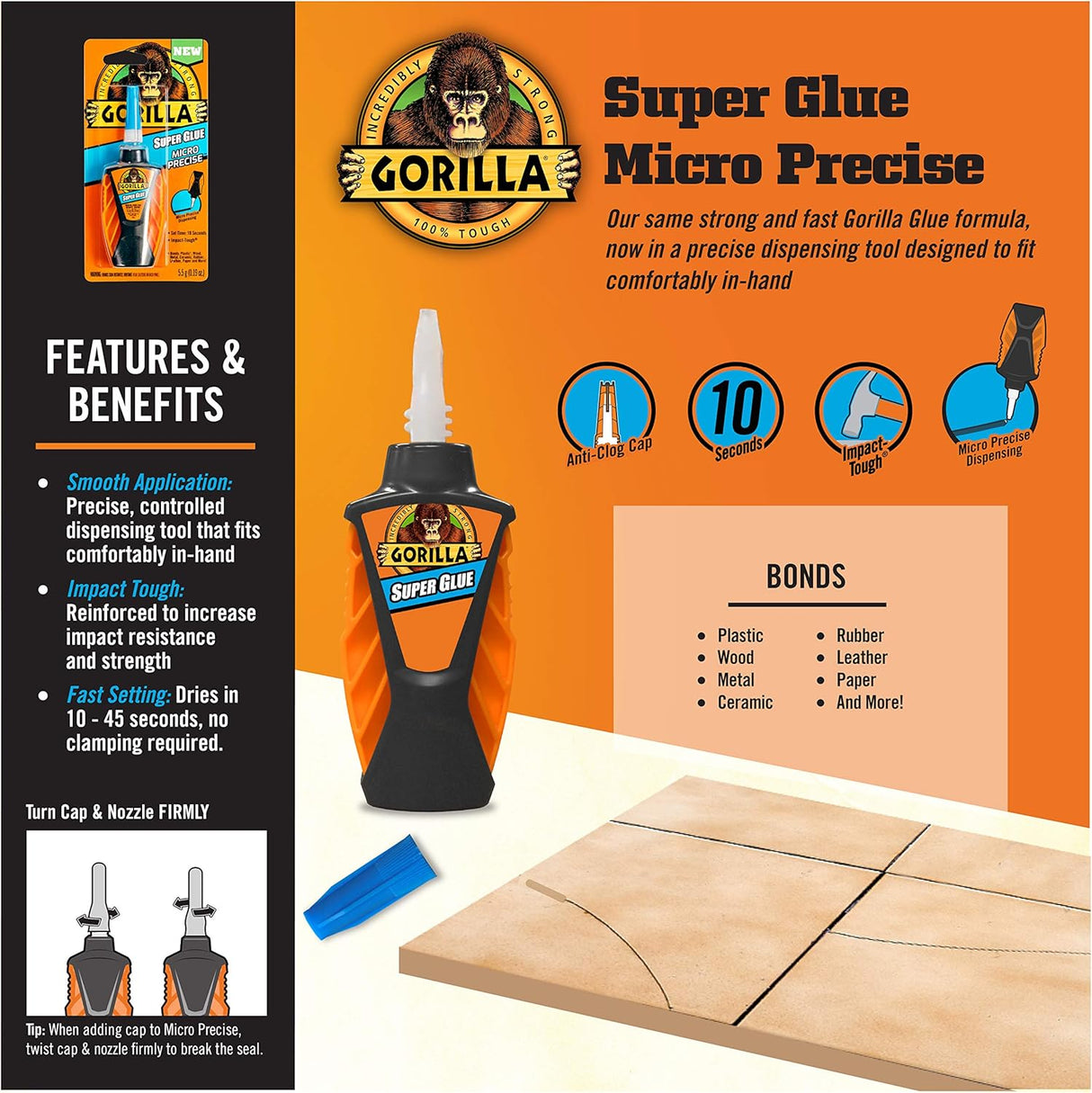 Gorilla Super Glue Micro Precise | Fast-Setting Gel | 0.17oz
