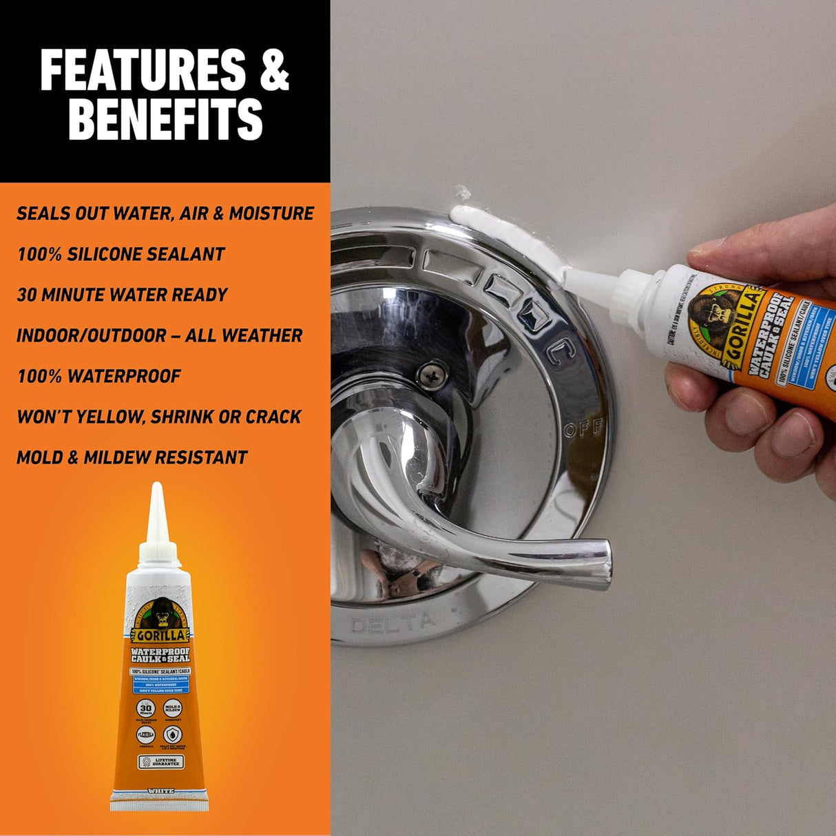 Gorilla Silicone Sealant | Waterproof White Caulk | 2.8 oz Tube