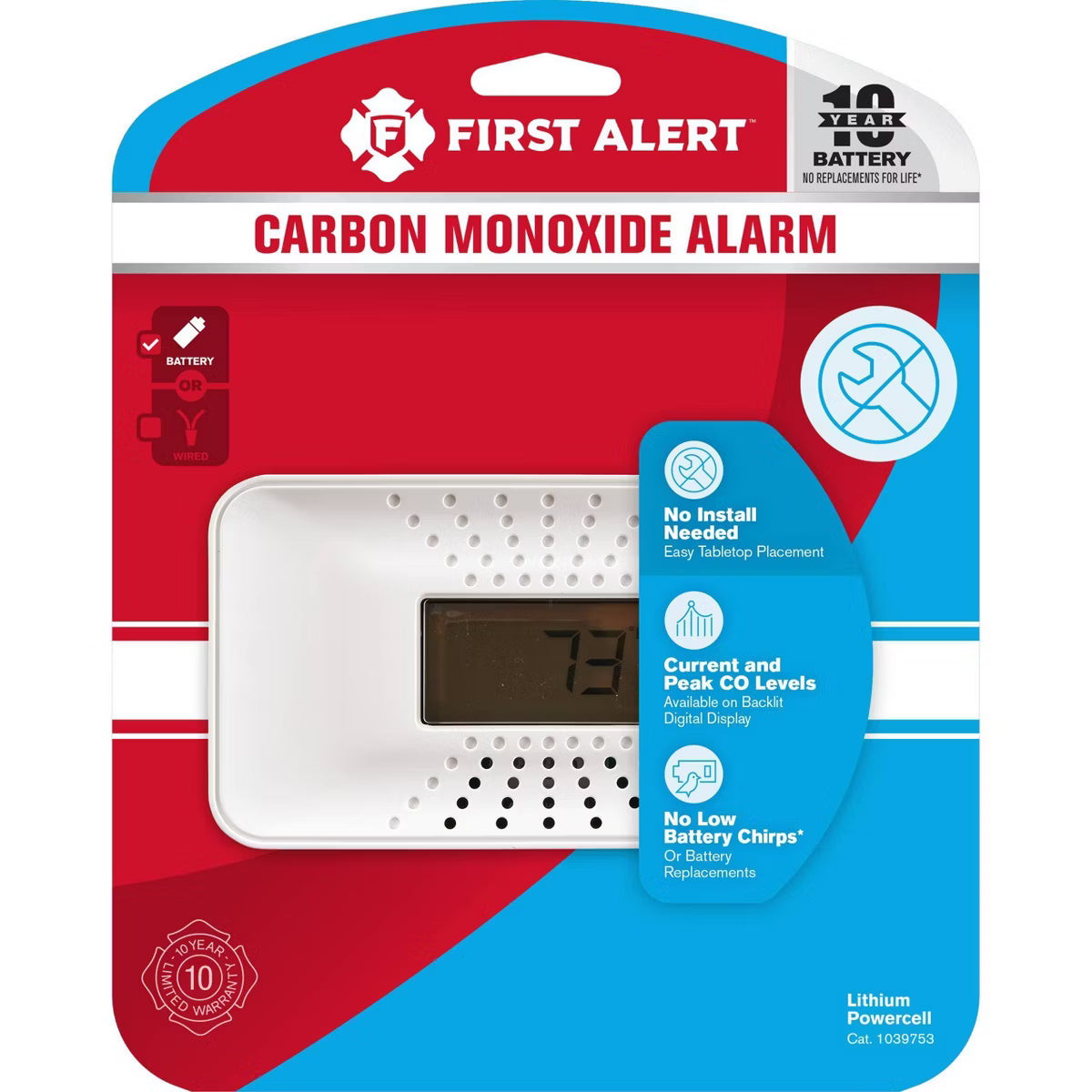 Carbon Monoxide Detector w/Digital Temperature Display Lithium Battery 10 Year Battery