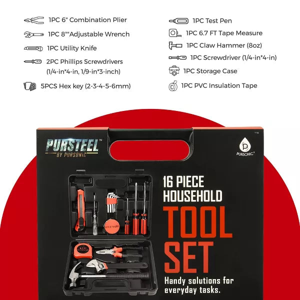 Household Tool Set 16-Piece | Compact DIY Kit | Pursteel