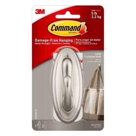 Large Hook Traditional | Brushed Nickel | 2 Strips | 5 LB | 3M | Command