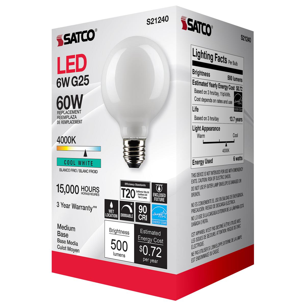 Satco LED light bulb packaging on a white background