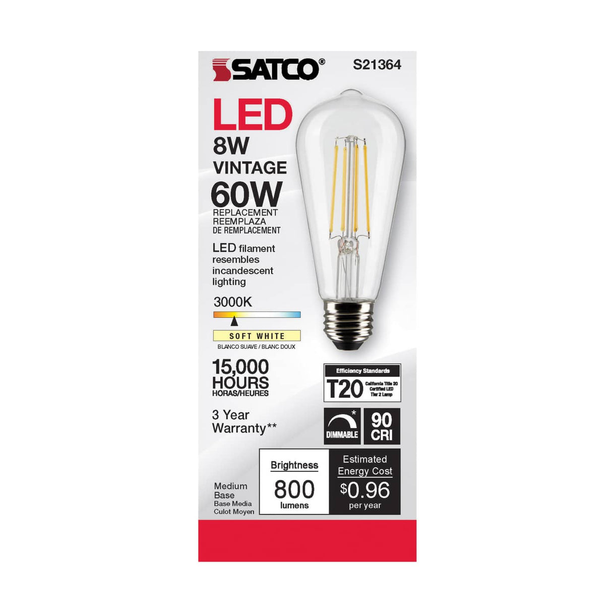 Vintage Filament Bulb 8W LED 3000K Satco