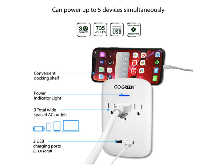 3 Outlet Wall Tap w/2 USB
