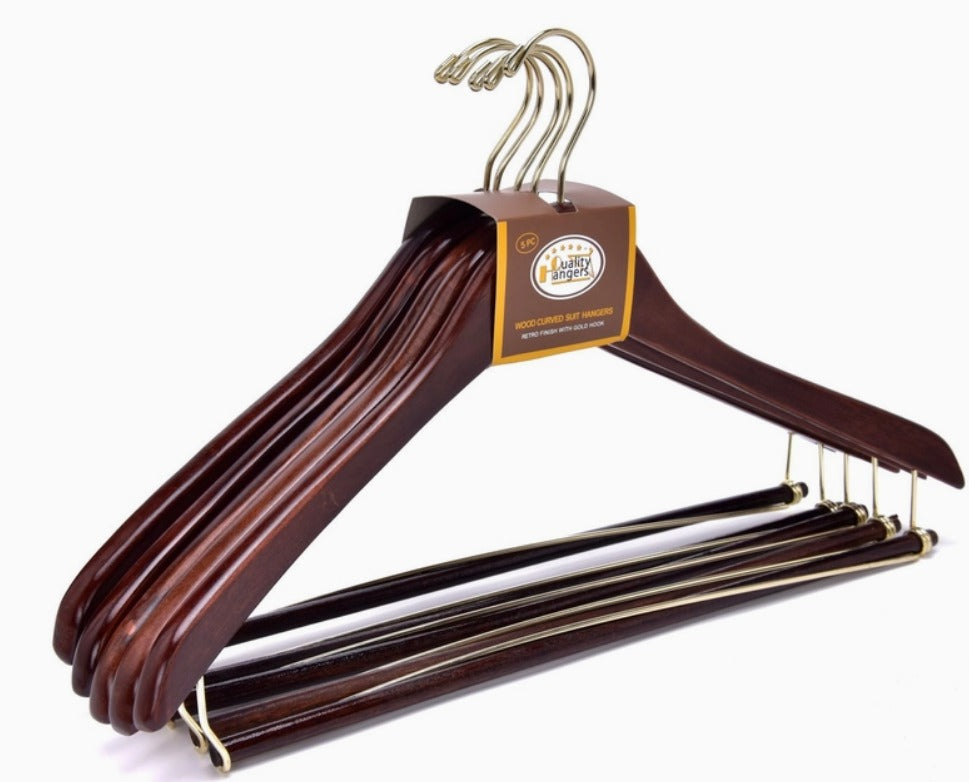 Wood Curved Suit Walnut Gold Hook 5PK Quality Hangers