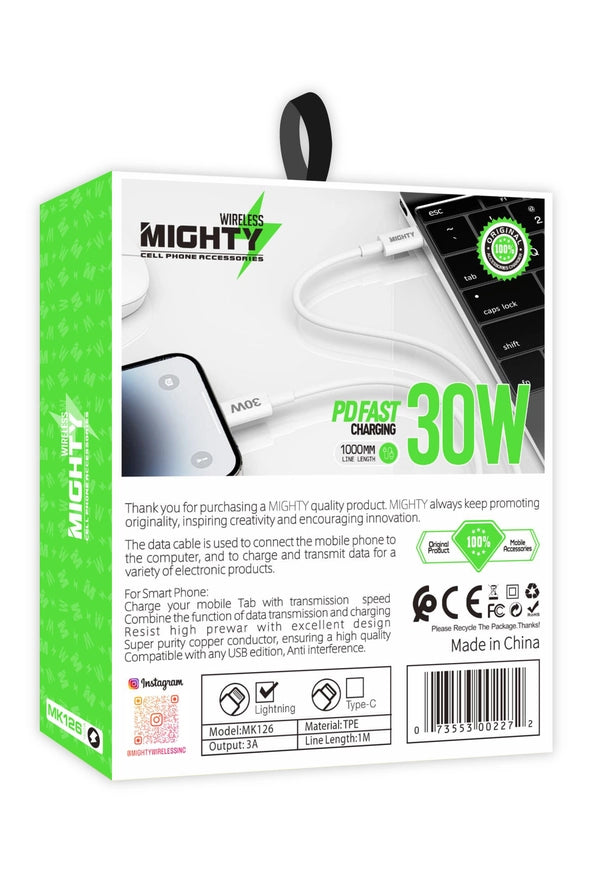 Type C to iPhone Cable | 30W PD Fast Charge | 1M | Mighty Wireless