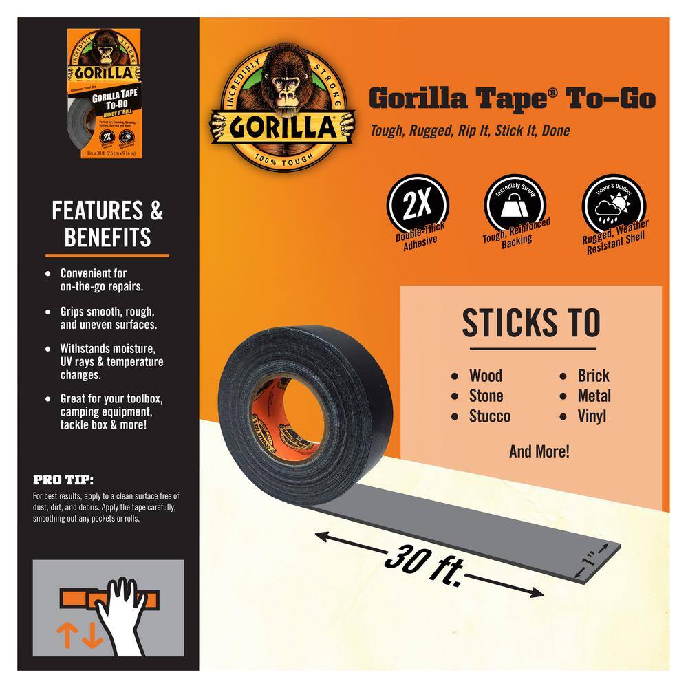 Gorilla Glue Tape | 1" x 30 ft | To-Go Roll | Heavy Duty | Weather Resistant