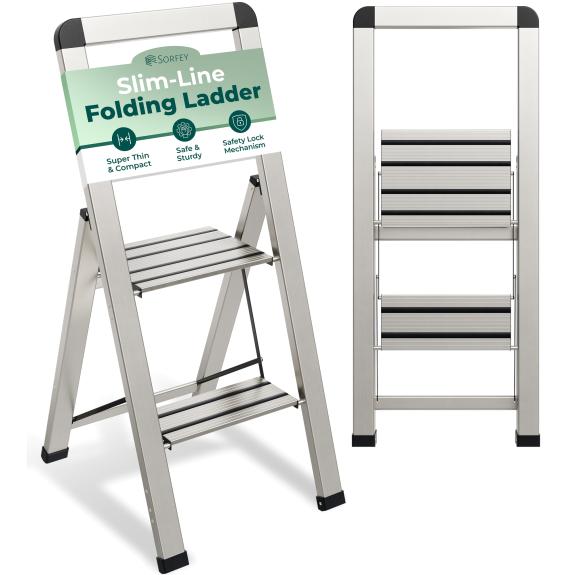 Slim Folding Step Ladder 2 Step Silver YBM
