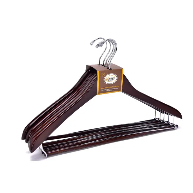 Wood Curved Suit Hangers Retro w/Locking Bar 5PK Quality Hangers