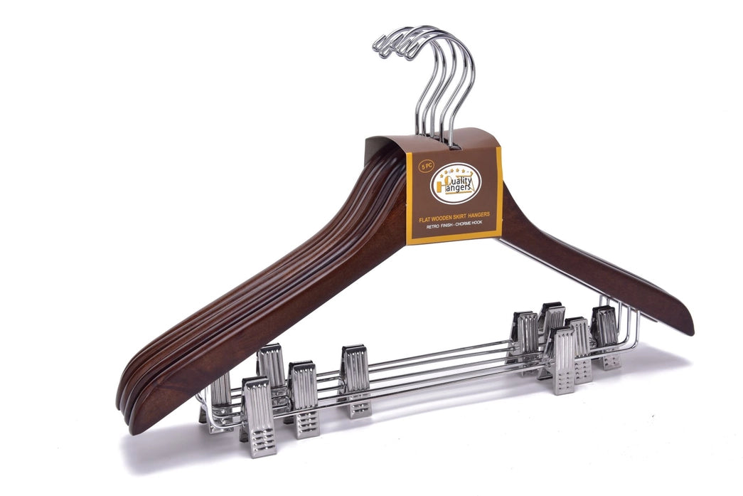 Wooden Skirt Hangers Walnut Chrome Hook 5PK Quality Hangers