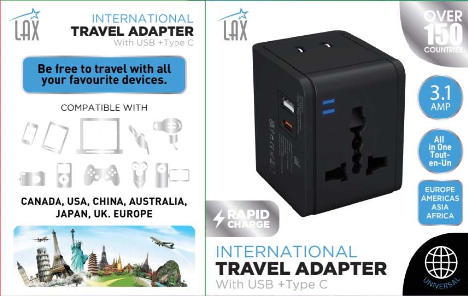 Travel Adapter USB-C 3.1A 5V and 1 USB